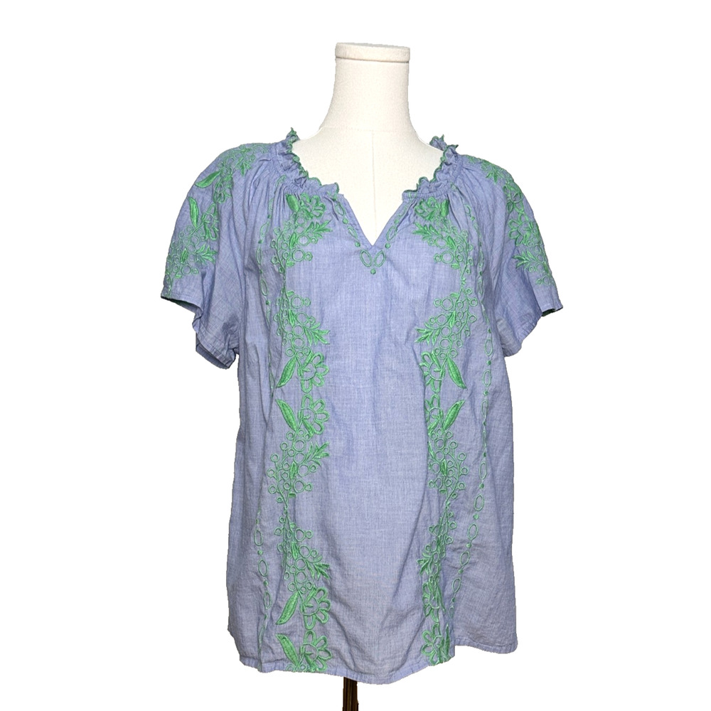 Talbots Cotton Floral Embroidered V Neck Flowy Short Sleeve Top Large